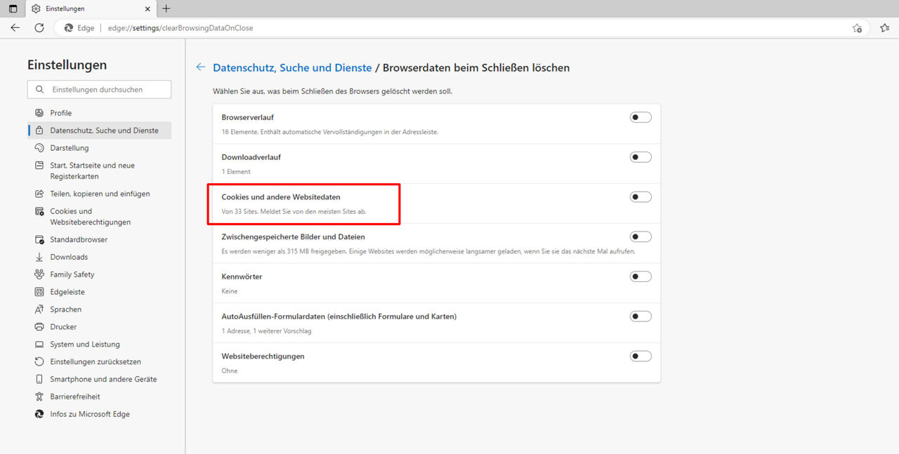 Screenshot Einstellungen Edge Browser