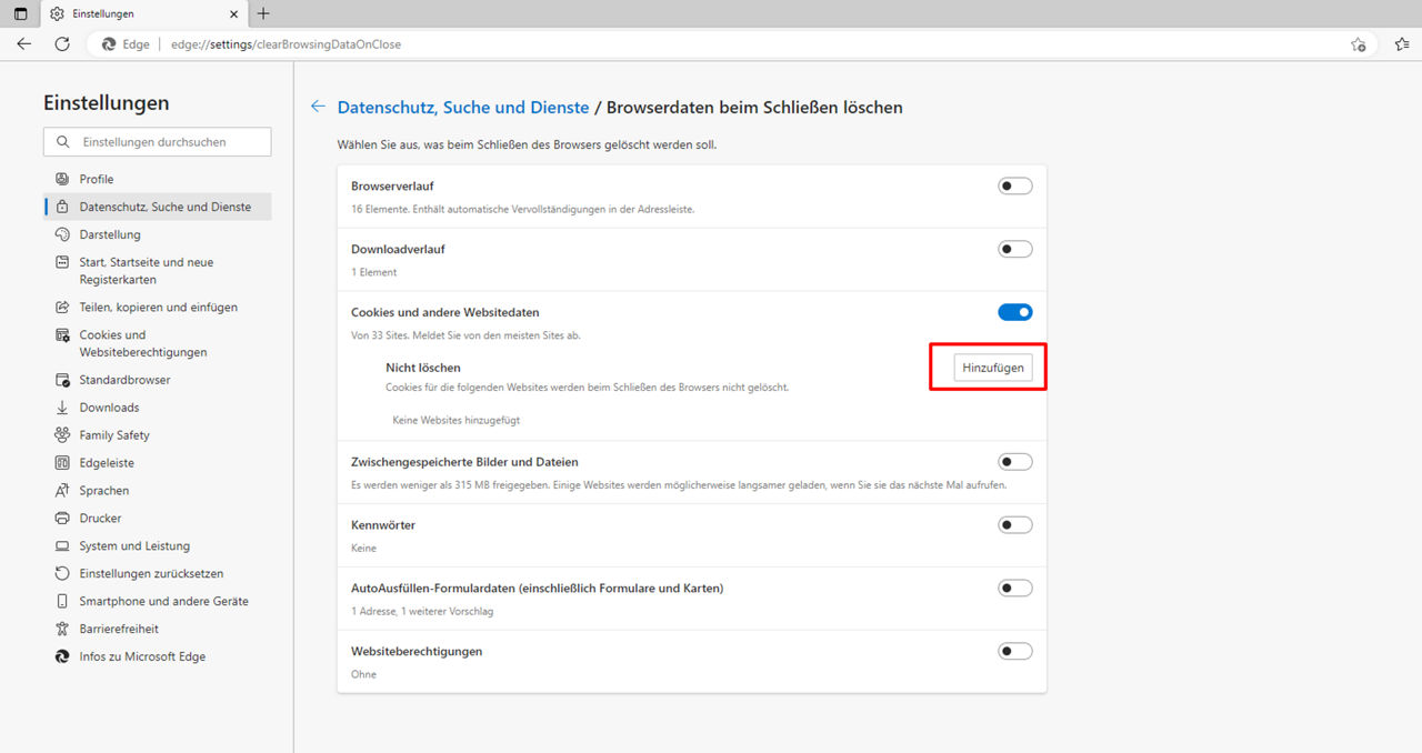 Screenshot Einstellungen Edge Browser