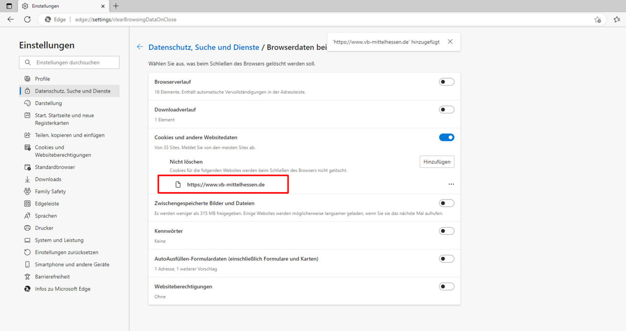 Screenshot Edge Browser Einstellungen