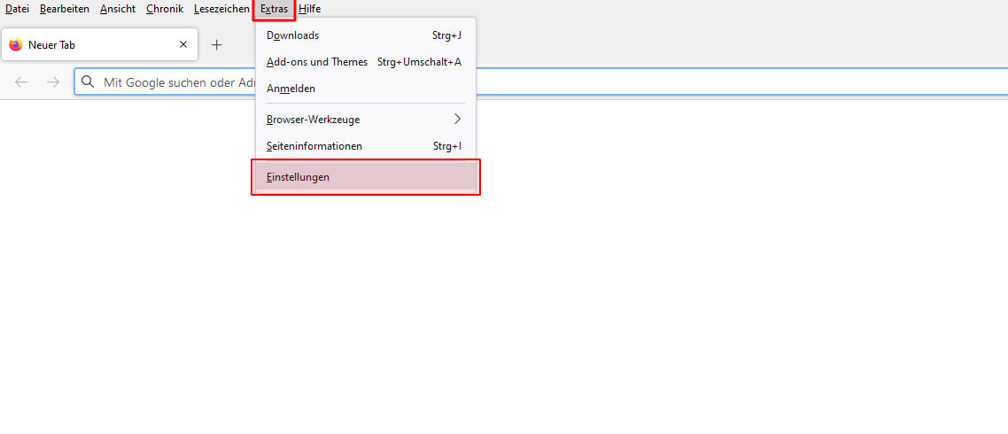Screenshot von Firefox Extras und Einstellungen
