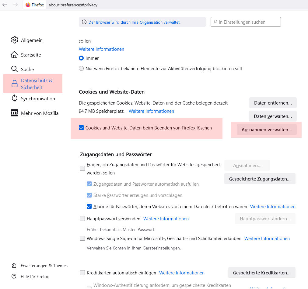 Abbildung von den Einstellung