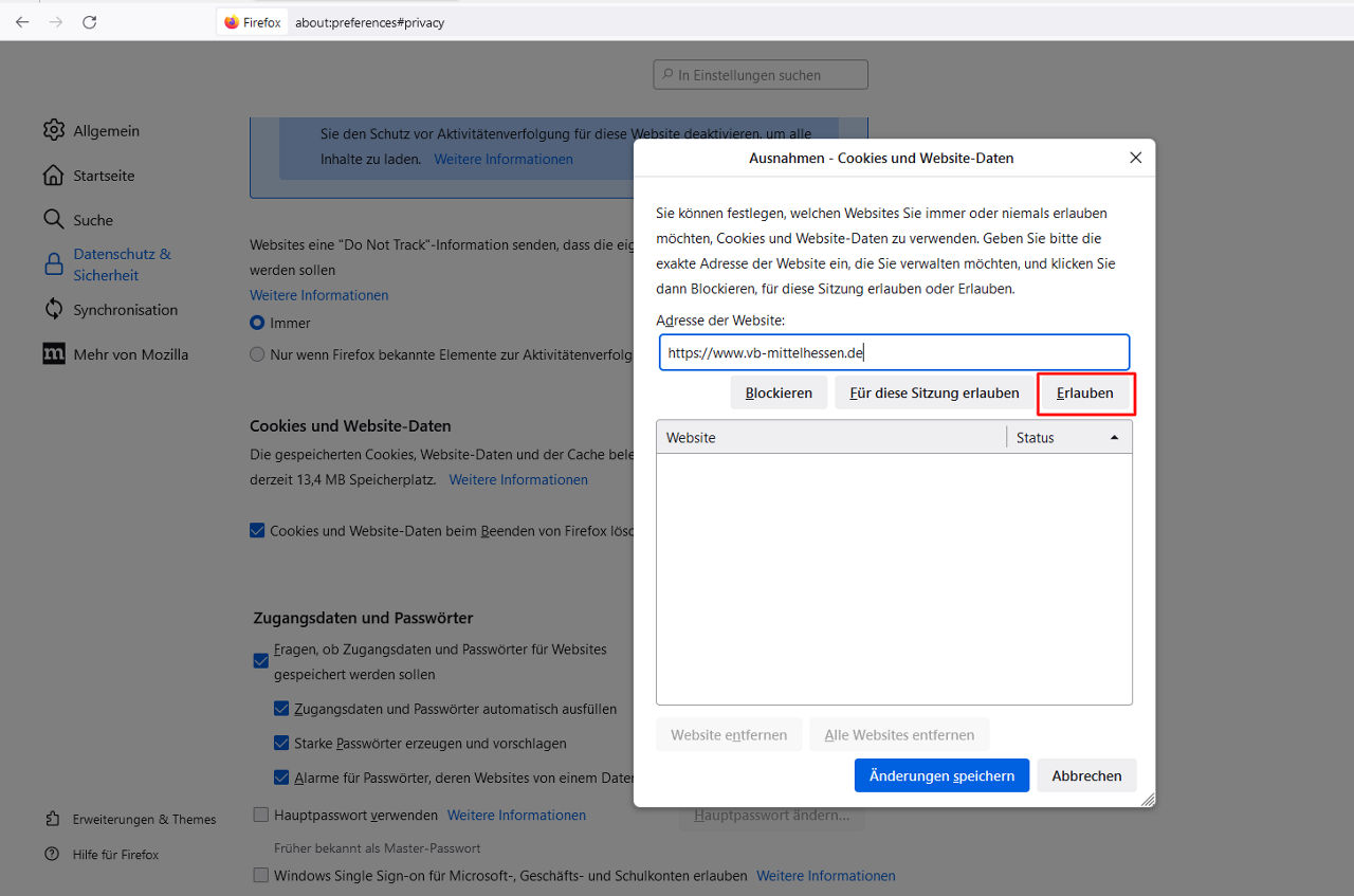 Screenshot ausnahmen - Cookies und Website-Daten