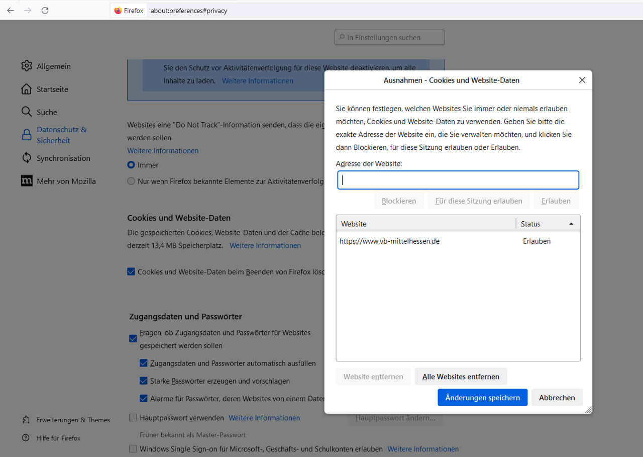 Abbildung Ausnahmen - Cookies und Website-Daten