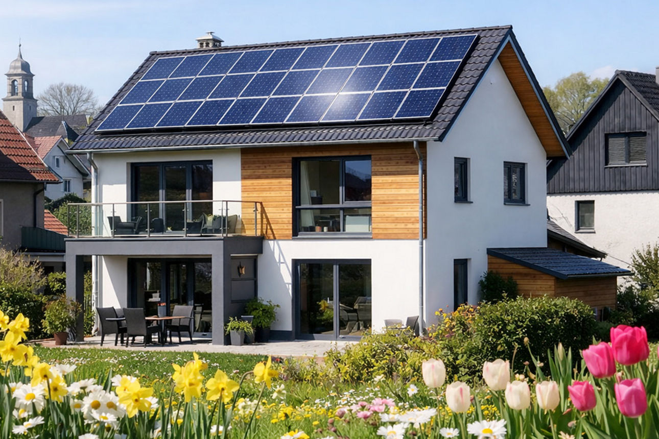 Neubau umgeben von einem Garten mit Solarpanels auf dem Dach
