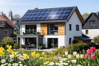 Neubau umgeben von einem Garten mit Solarpanels auf dem Dach