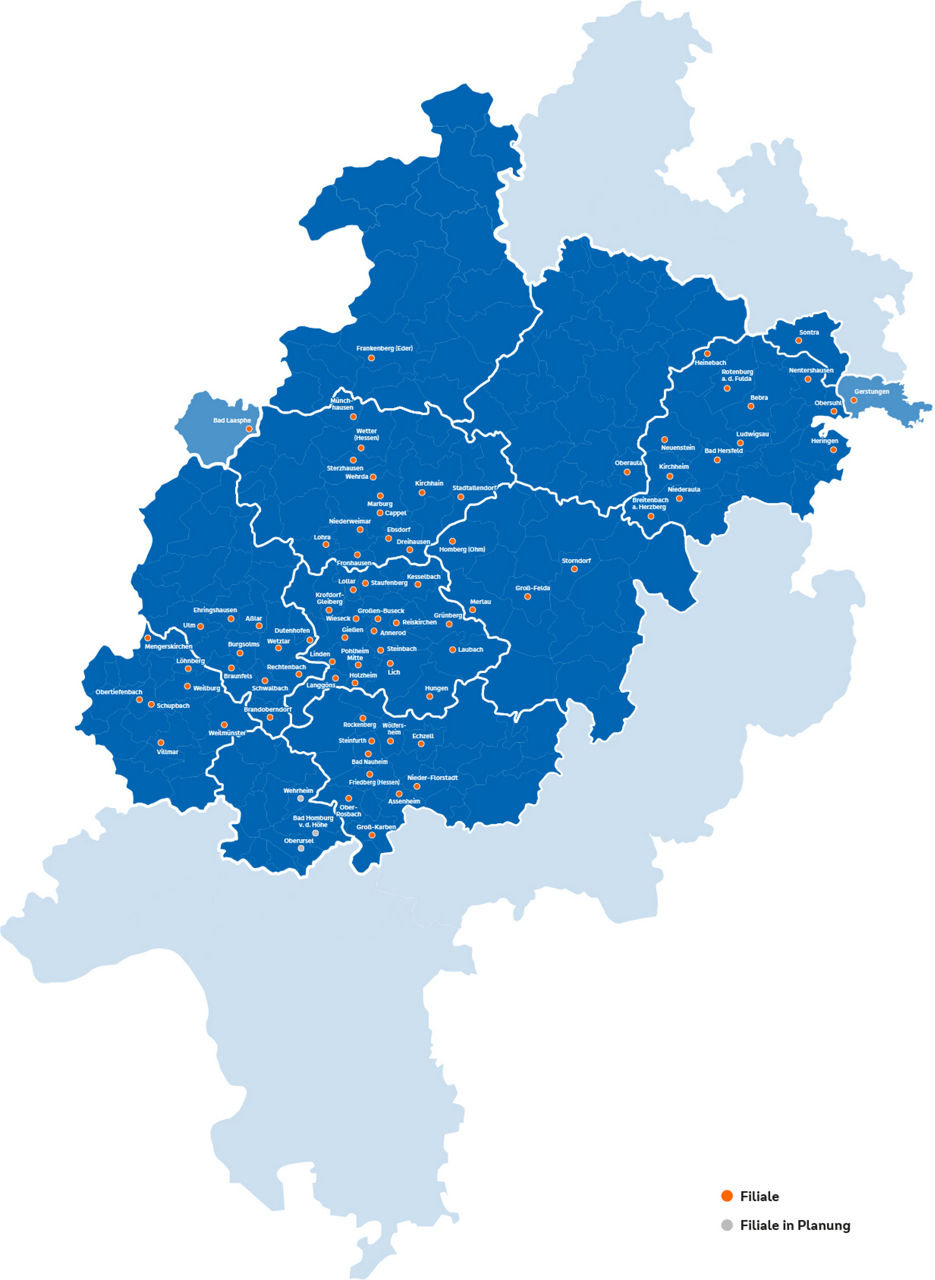 Karte mit Pinnadeln der Fillialen im Geschäftsgebiet