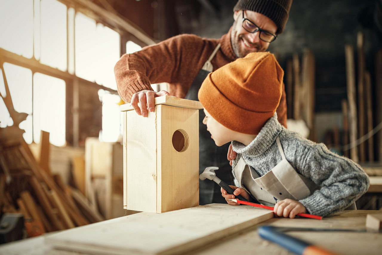 Vater und Sohn bauen gemeinsam ein Vogelhaus