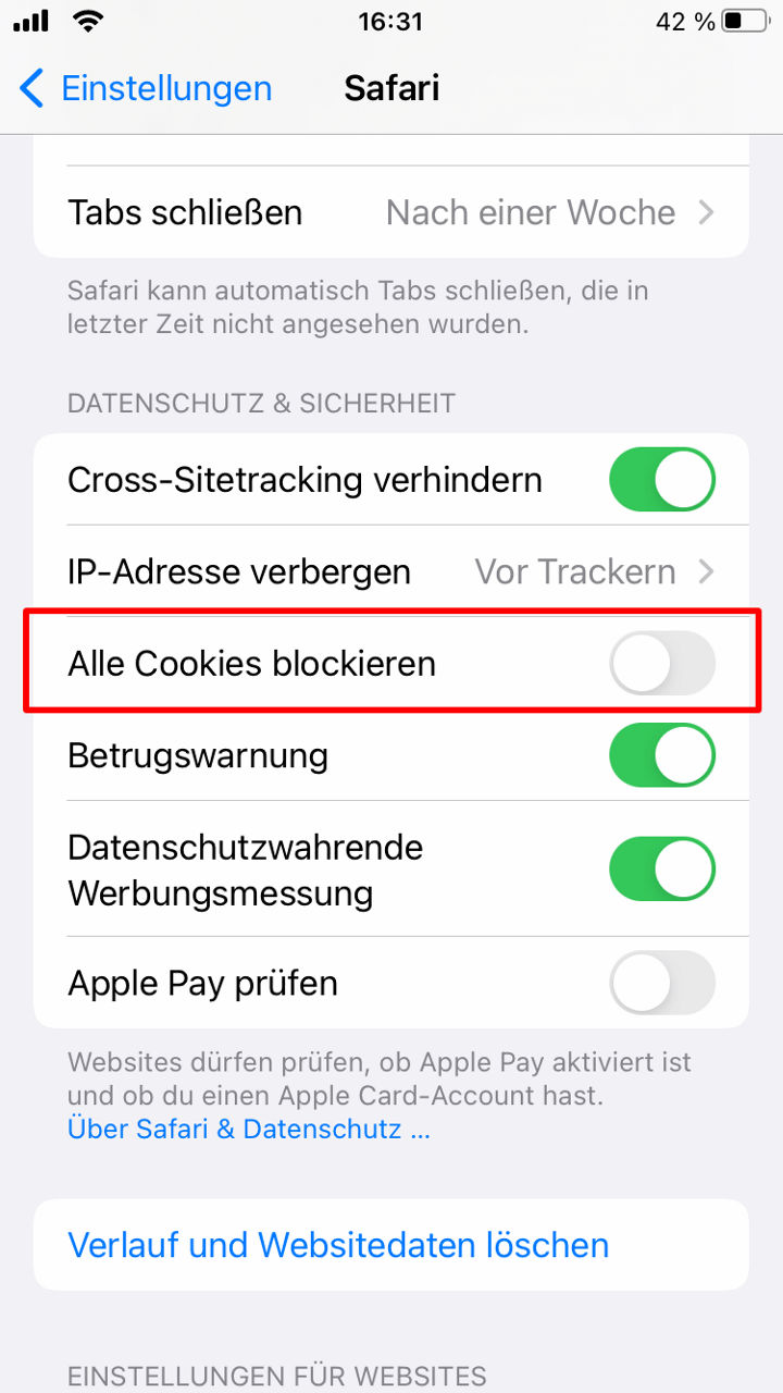 Screenshot Apple Einstellungen Safari