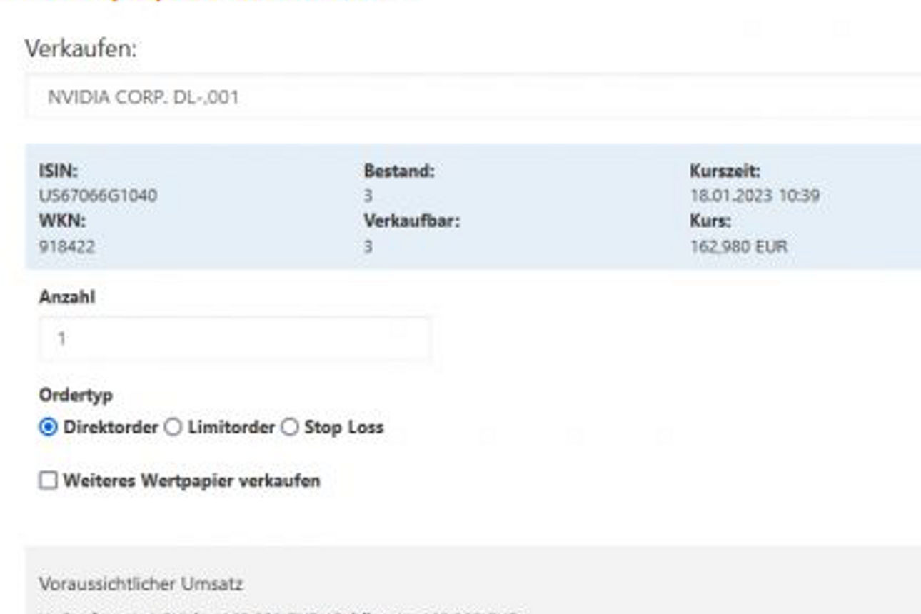 Screenshot Wertpapier verkauf