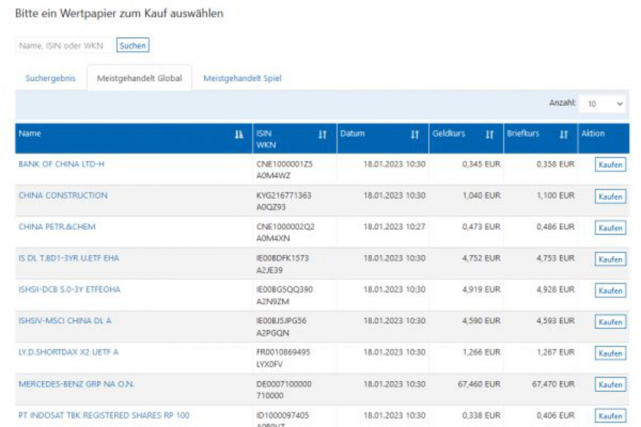 Screenshot Übersicht Wertpapiere kaufen 