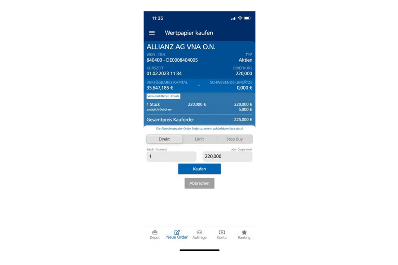 Screenshot Wertpapier kaufen Übersciht