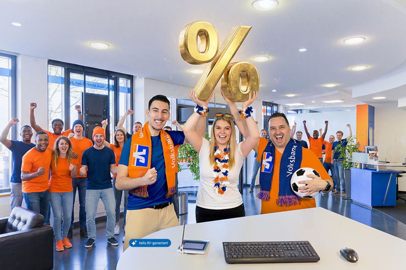 Mitarbeitende stehen in einer hellen Bankfiliale. Drei Personen halten ein großes goldenes Prozentzeichen. Alle tragen orange‑blaue Volksbank‑Schals, im Hintergrund stehen weitere Mitarbeitende.