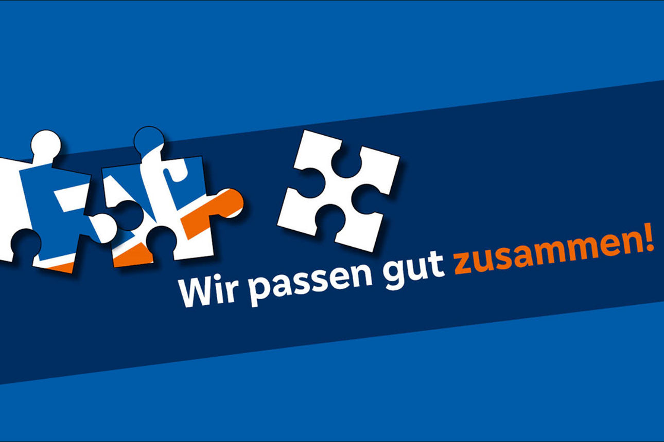 Bild mit dem Volksbanklogo als Puzzel und der Schriftzug "Wir passen gut zusammen"