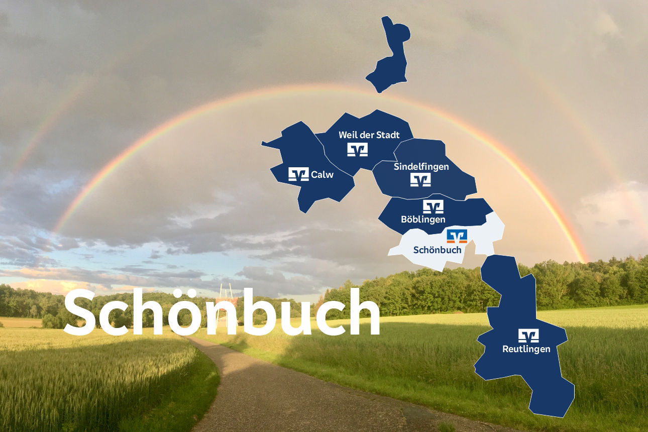 Feldweg im Schönbuch unter einem Doppelregenbogen mit eingeblendeter Karte der Volksbank-Regionen.