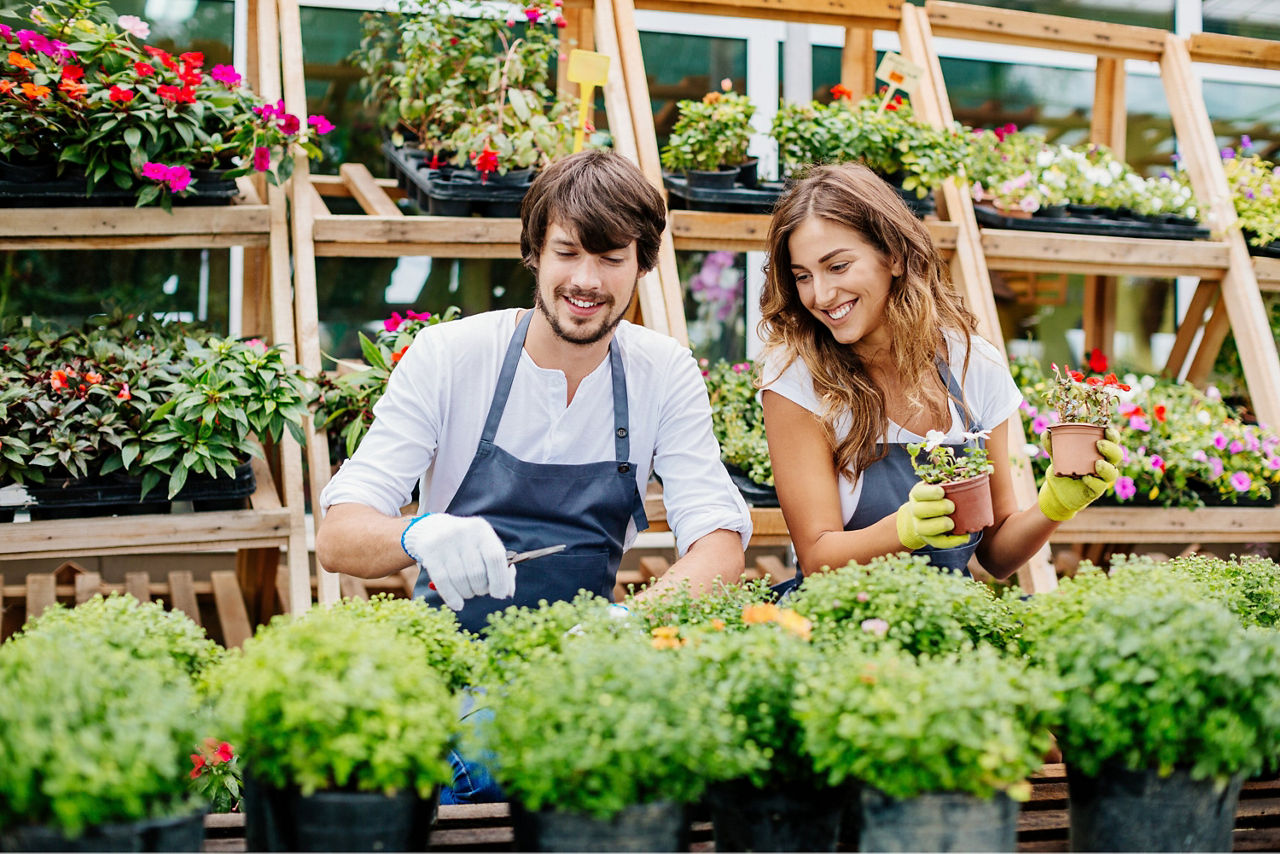Frau und Mann freuen sich über die schönen Blumen und Pflanzen