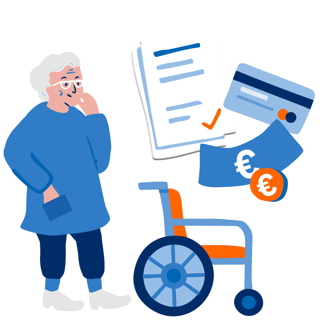 Illustration in blau orange: Alte Dame legt eine Hand an ihr Kinn. Neben ihr sind Verträge, girocard, €-Zeichen und Rollstuhl