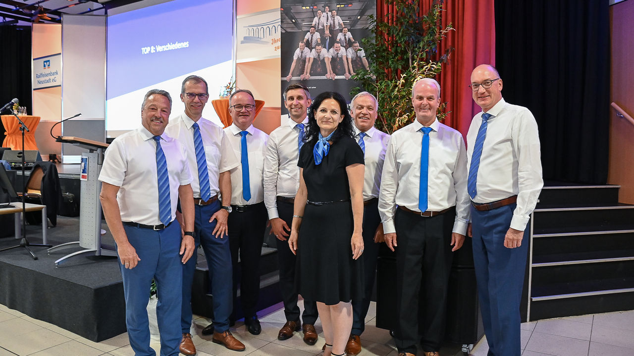 Gruppenfoto von Vorstand und Aufsichtsrat vor einem Werbe-Rollup Display der Bank