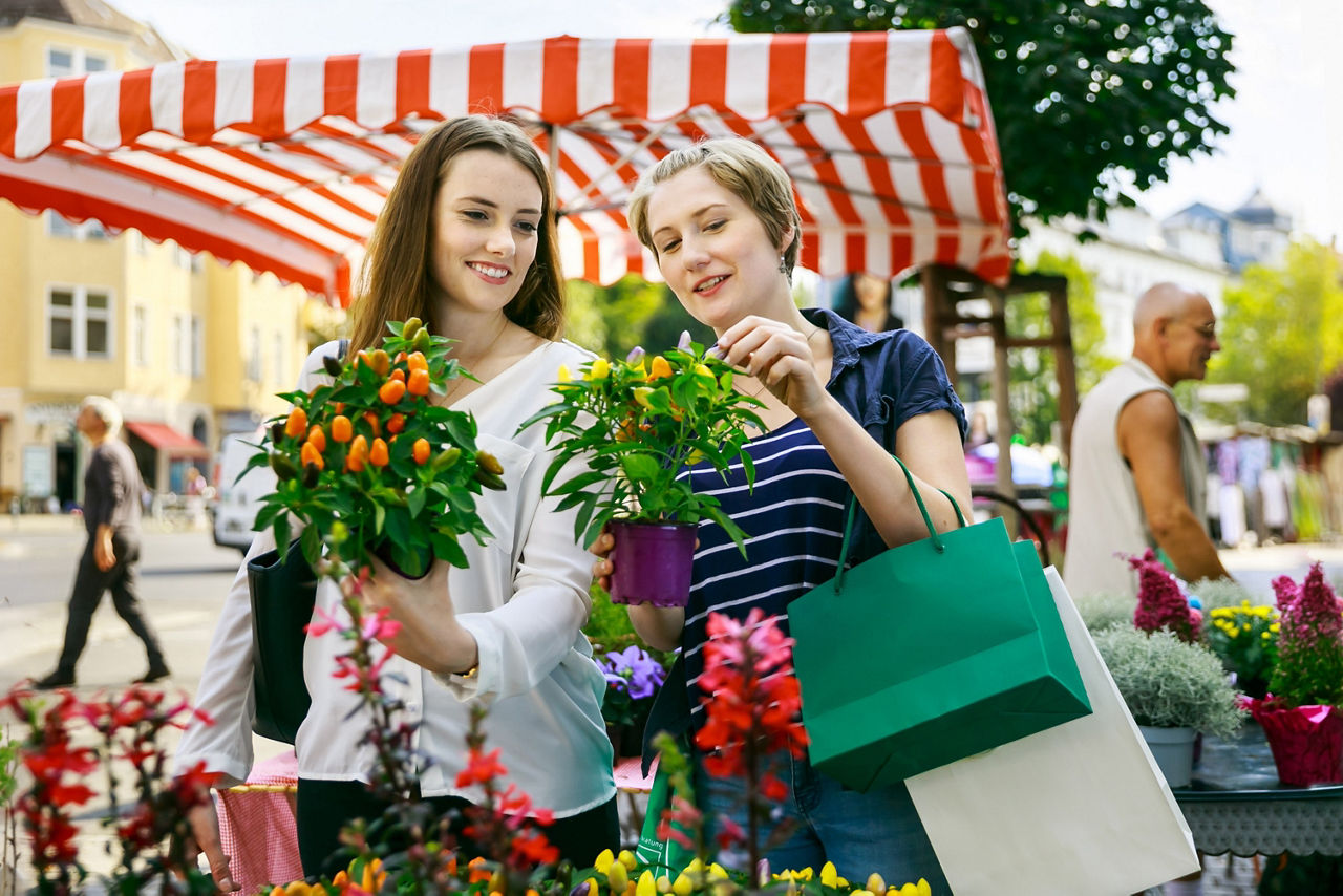 Zwei Frauen stehen auf einem Markt und präsentieren stolz ihre bunten Kräuterpflanzen
