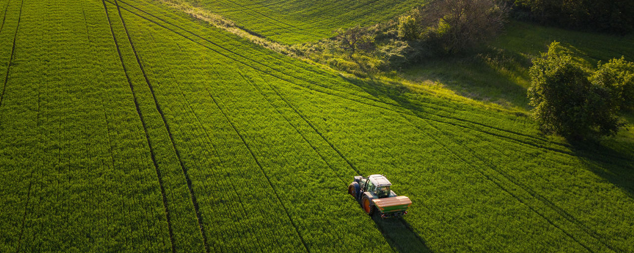 Ein Traktor fährt über ein grünes Feld.