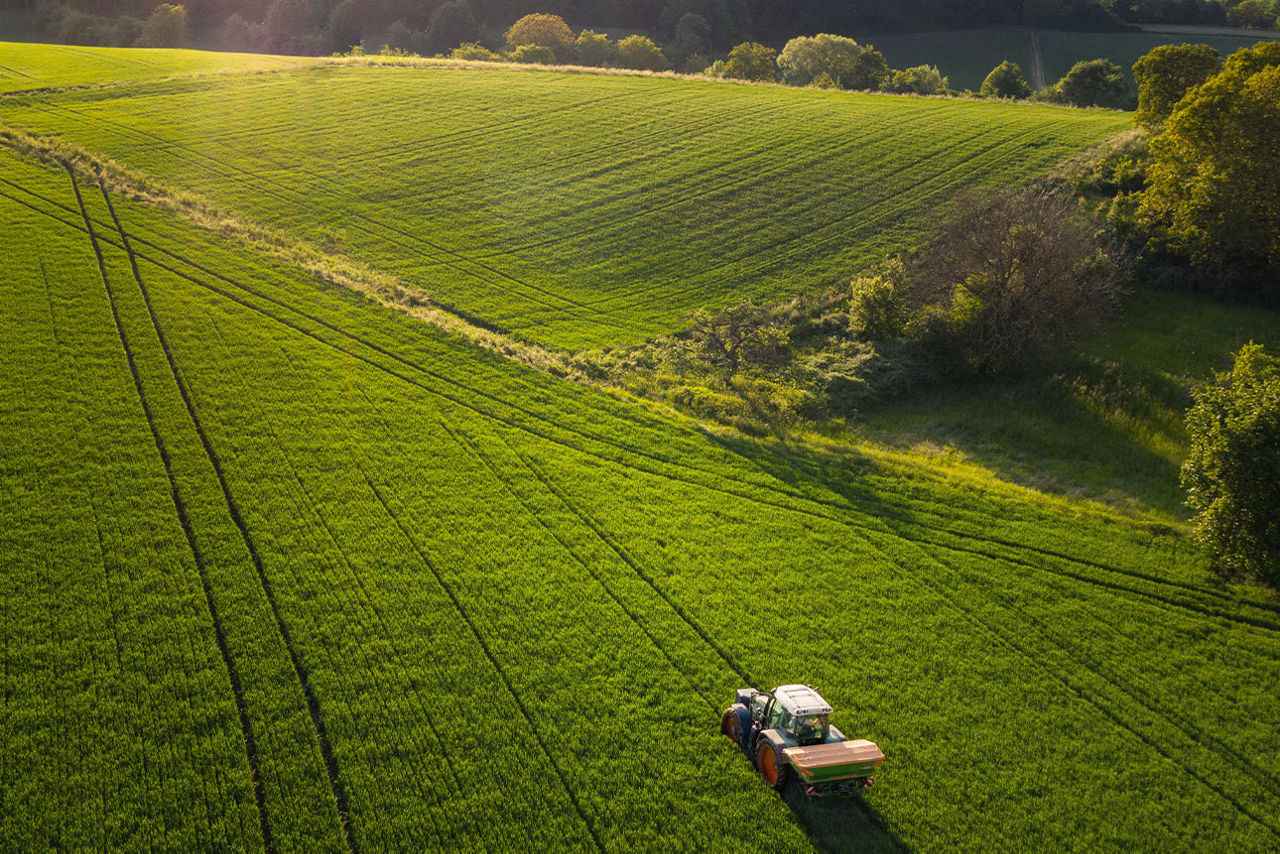 Ein Traktor fährt über ein grünes Feld.