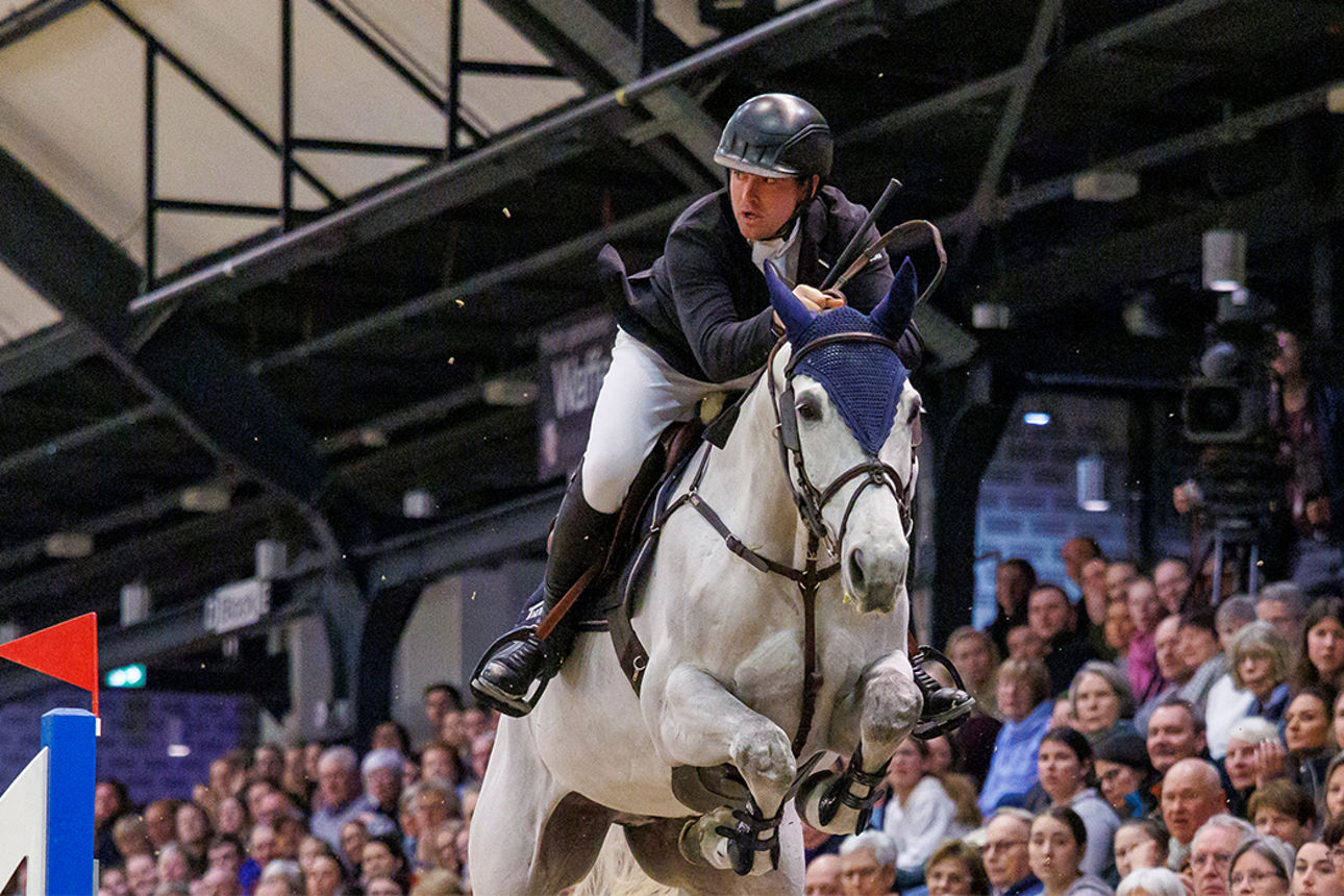 Ein Reiter springt mit seinem Pferd über ein Hindernis.