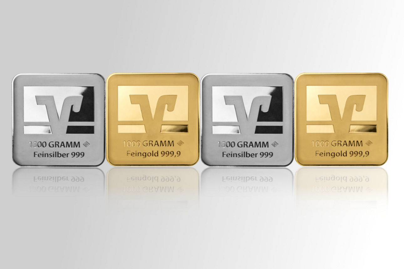 Grafik mit einer Reihung von Silbe- und Goldplättchen.