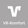 VR-Komfort Icon. Weißes Volksbank V und Schriftzug VR-Komfort auf silbernen Hintergrund.