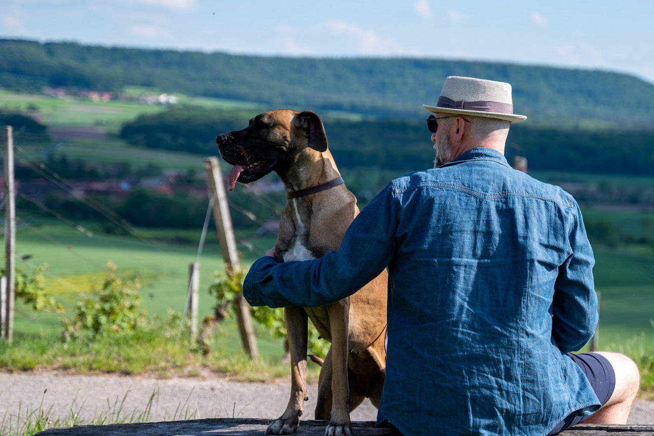 Mann mit Hund vor Weinbergen