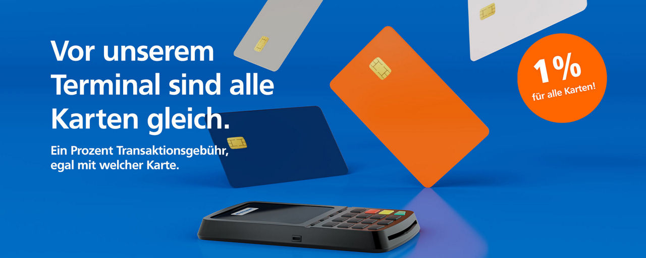 Grafische Darstellung eines Kartenterminals mit bunten Karten und Text zur Transaktionsgebühr von 1 % für alle Karten