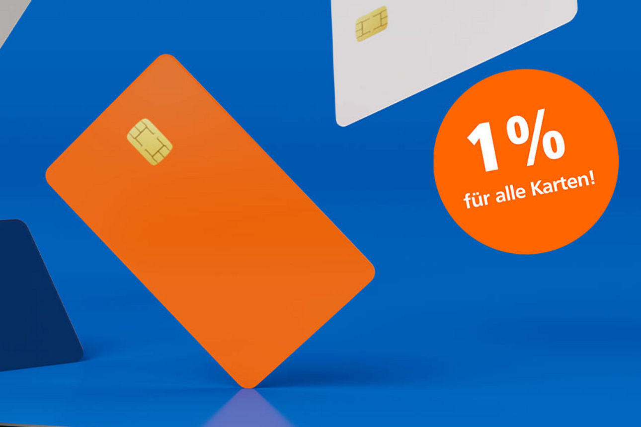 Grafische Darstellung eines Kartenterminals mit bunten Karten und Text zur Transaktionsgebühr von 1 % für alle Karten