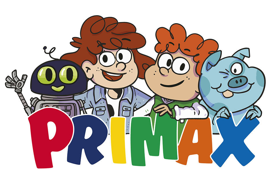 Vier Comic-Figuren vor einem bunten PRIMAX-Schriftzug