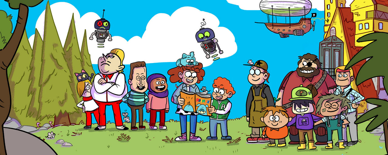 Bunte Comic-Figuren stehen auf einer Wiese mit einem Haus und Tannen im Hintergrund.