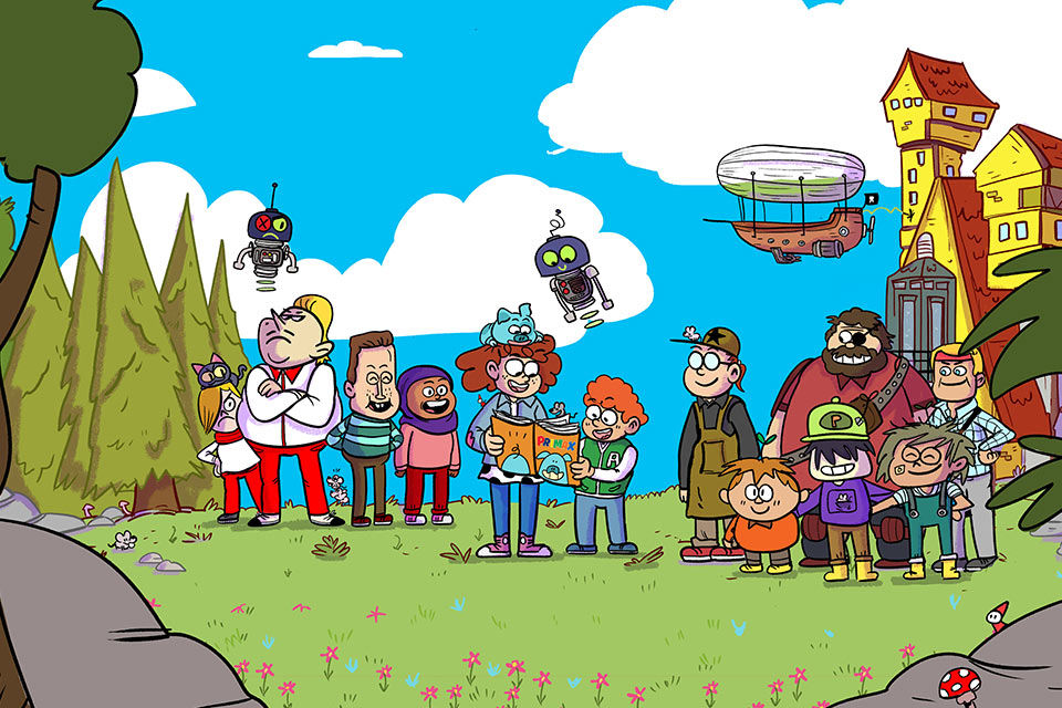 Bunte Comic-Figuren stehen auf einer Wiese mit einem Haus und Tannen im Hintergrund.