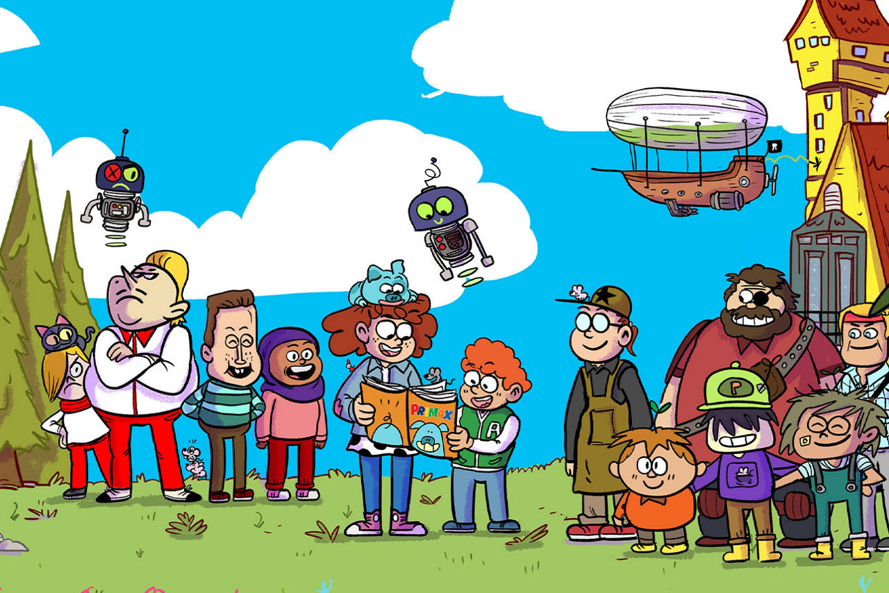 Bunte Comic-Figuren stehen auf einer Wiese mit einem Haus und Tannen im Hintergrund.