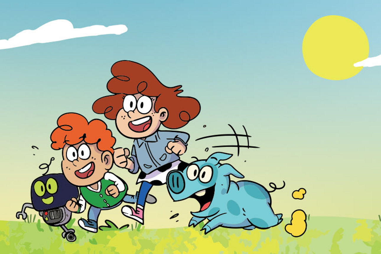 Das Bild zeigt eine Zeichentrickszene mit drei Figuren: ein Mädchen mit roten Haaren in einer blauen Jacke, ein Junge mit rot