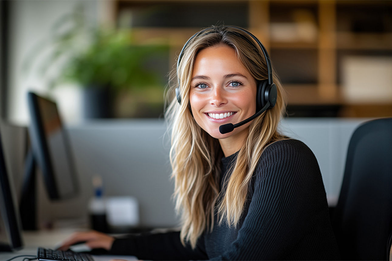 Freundliche Mitarbeiterin im Kundenservice mit Headset im Büro. KI-generiert