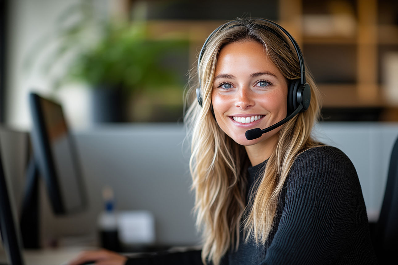Freundliche Mitarbeiterin im Kundenservice mit Headset im Büro. KI-generiert