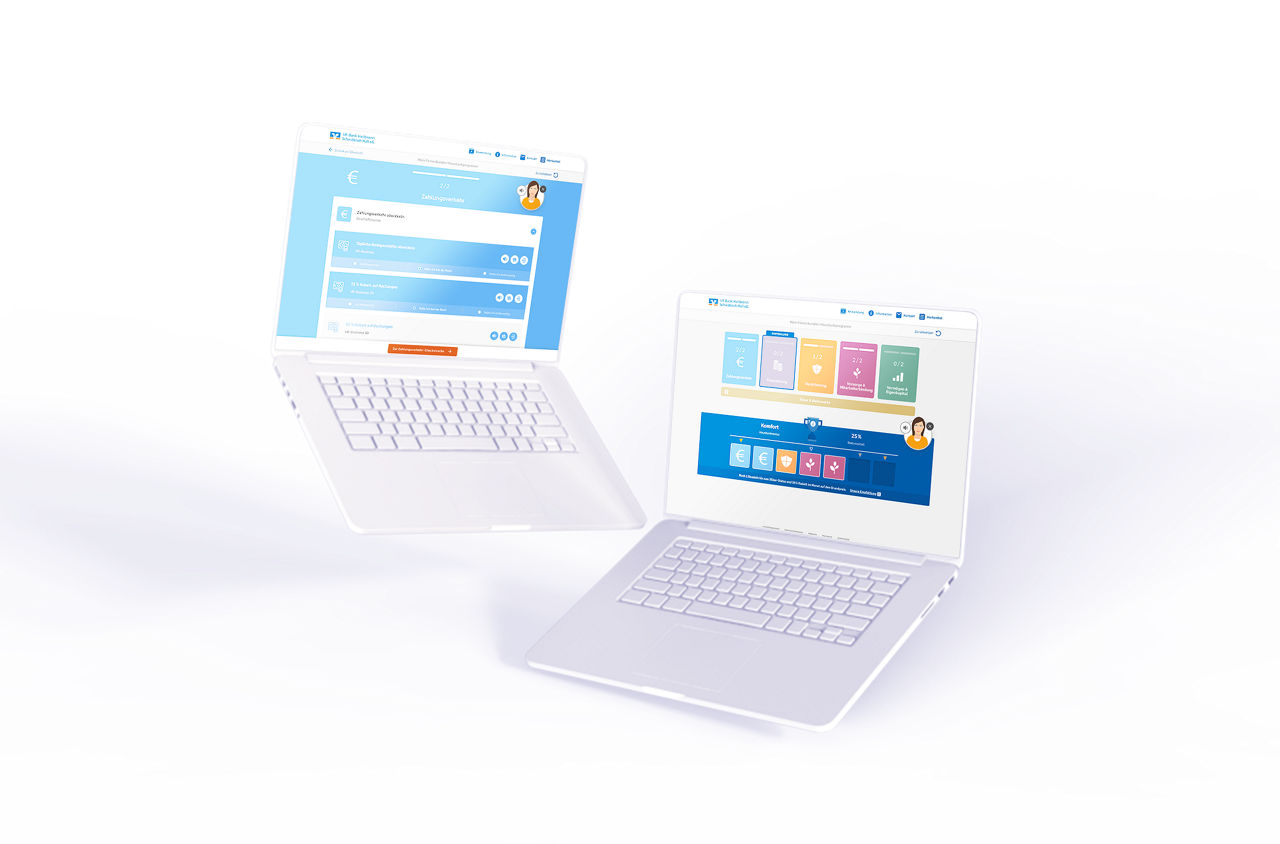 Auf dem Bild sind zwei schwebende Laptops zusehen, diese zeigen Benutzeroberflächen der Applikation des Hausbankprogramms.