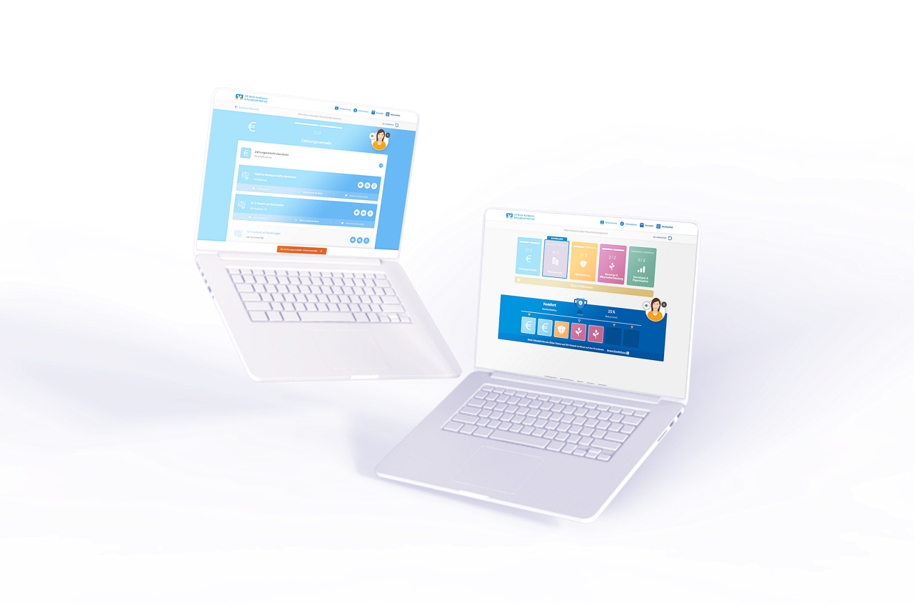 Auf dem Bild sind zwei schwebende Laptops zusehen, diese zeigen Benutzeroberflächen der Applikation des Hausbankprogramms.