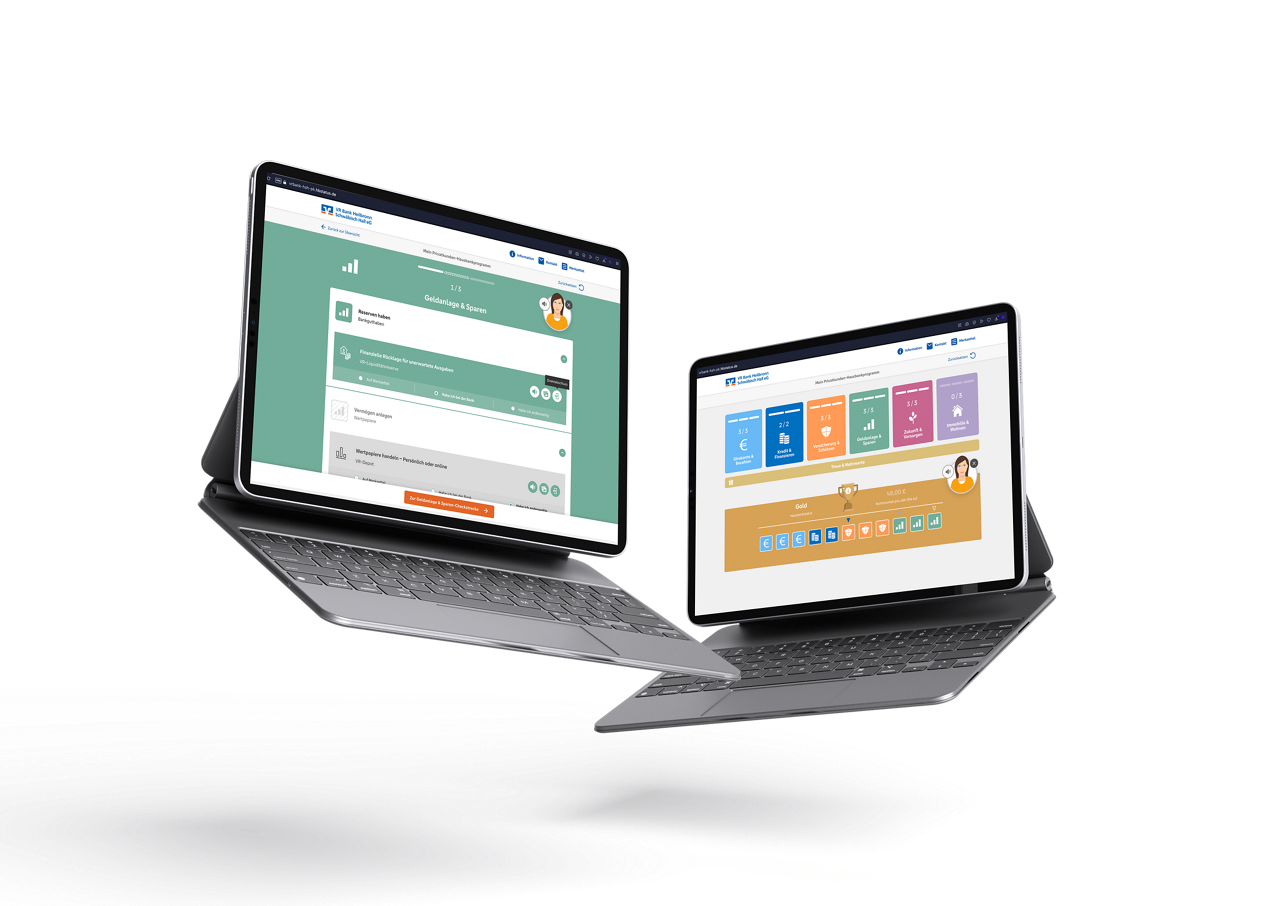 Auf dem Bild sind zwei schwebende Laptops zusehen, diese zeigen Benutzeroberflächen der Applikation des Hausbankprogramms.