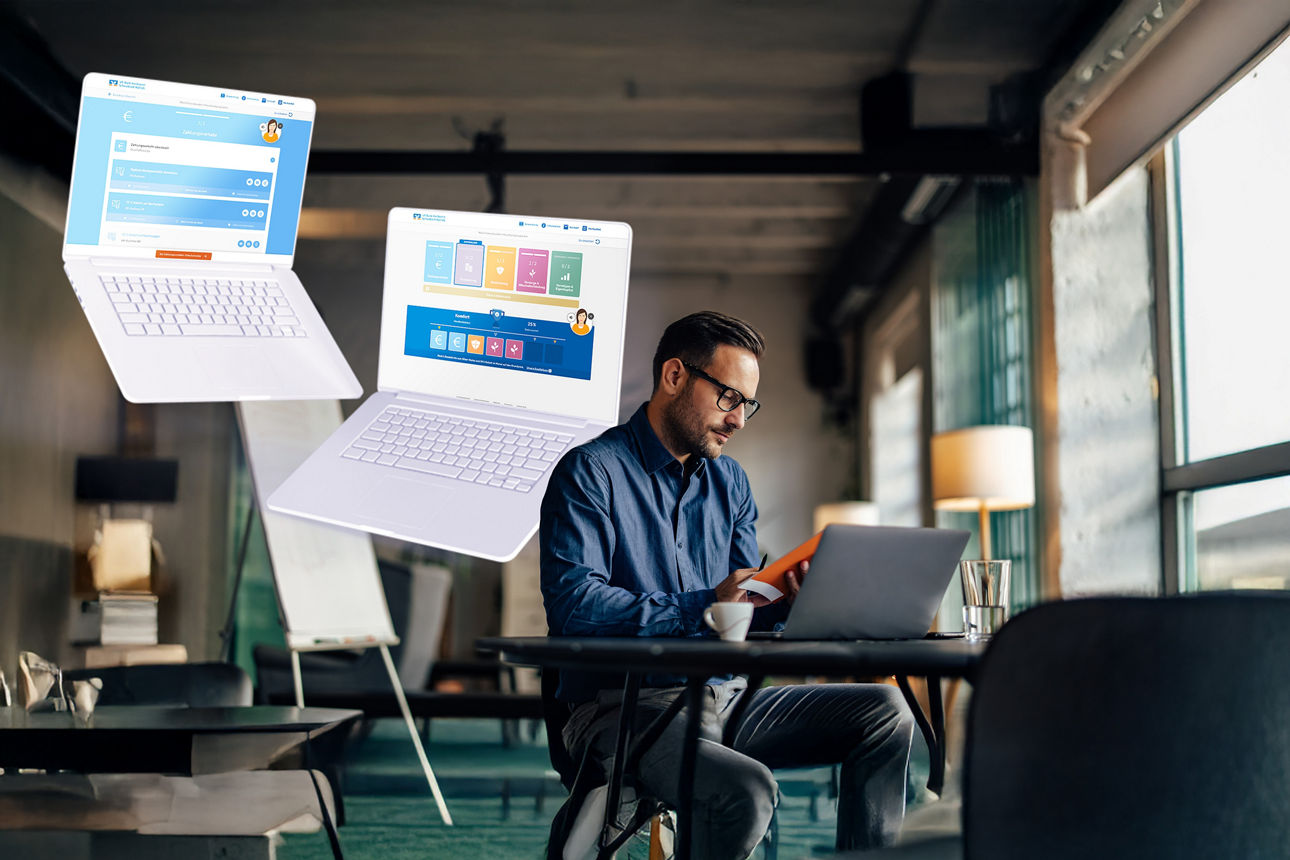Auf dem Bild ist ein Mann mit einem Laptop zusehen. Zwei zusätzliche, schwebende dargestellte Laptops zeigen Benutzeroberflächen der Applikation Hausbankprogramm.