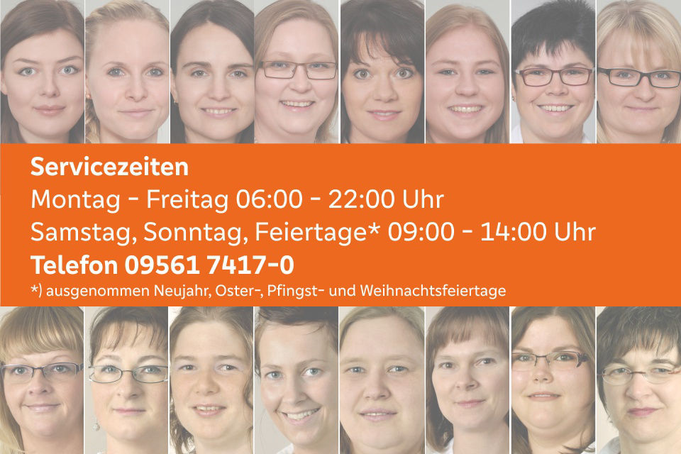 Einzelbilder mehrerer Frauen als Collage mit den Kontaktdaten des VR-ServiceCenters in der Mitte
