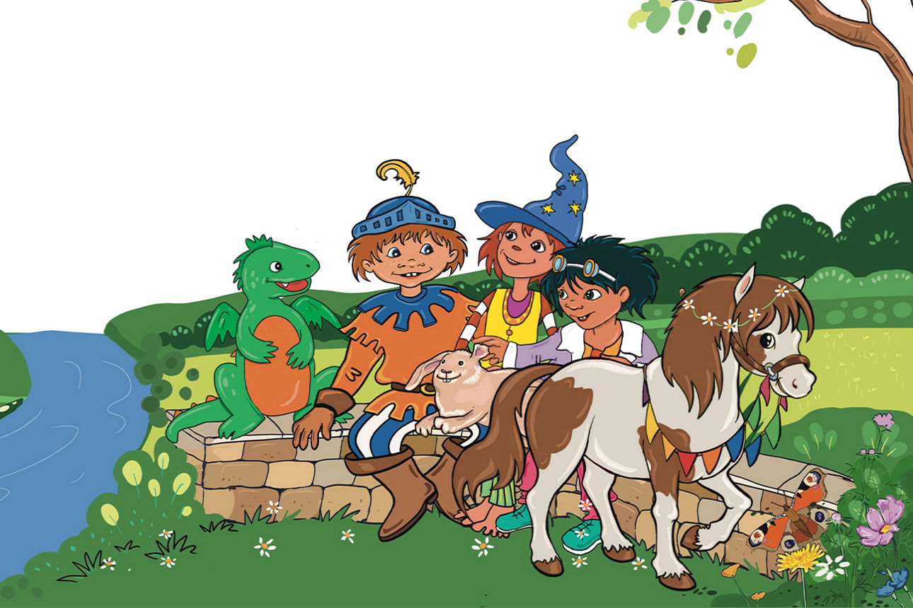 Gruppenbild von Ritter Willi, dem Zahndrachen und ihren Freunden am Fluss und im Heißluftballon. 