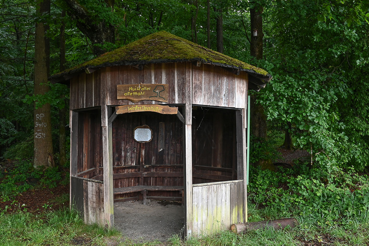 Holzhütte am Wegrand mit Moos-bewachsenem Dach und dem Schild "Weißer Stein Hütte - Hui Wäller allemol"