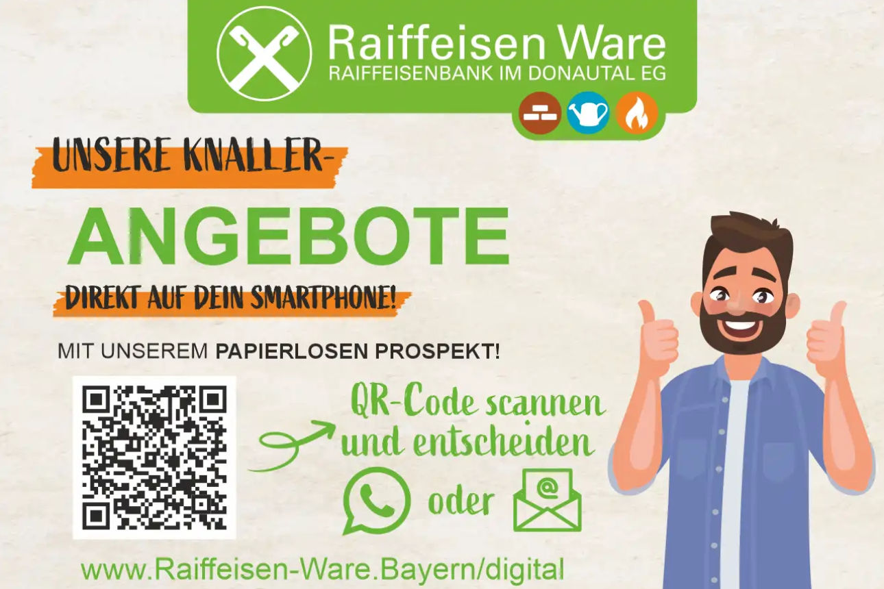 Raiffeisen Ware: Banner zum digitalen Prospekt anmelden mit QR-Code