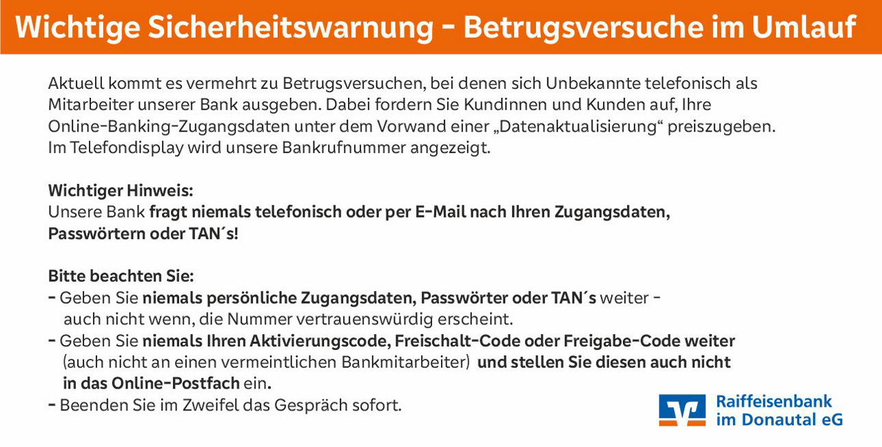 Banner mit wichtiger Sicherheitswarnung – Betrugsversuche im Umlauf