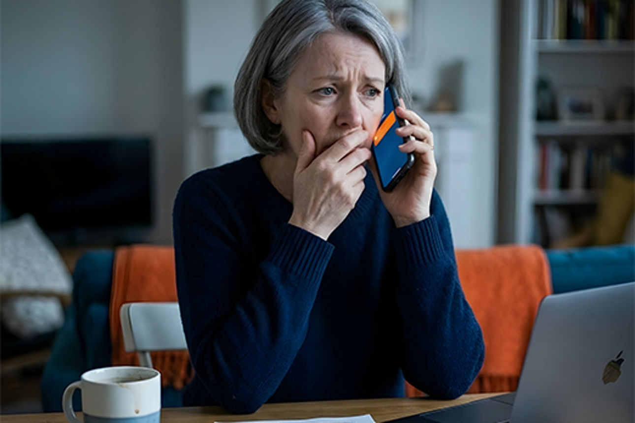 Eine Frau sitzt am Tisch, telefoniert mit einem Smartphone schaut erschrocken.