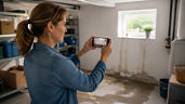 Frau fotografiert einen Wasserschaden mit ihrem Smartphone