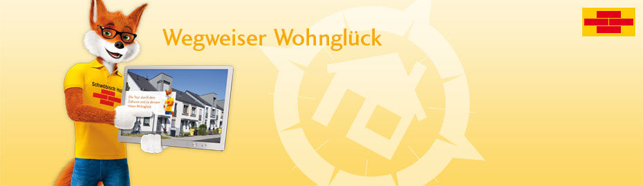 Ein Cartoon-Fuchs hält ein Schild mit der Aufschrift "Wegweisen Wohnglück"