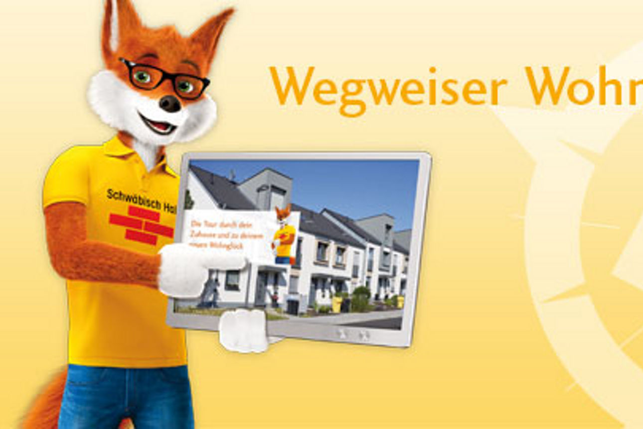 Ein Cartoon-Fuchs hält ein Schild mit der Aufschrift "Wegweisen Wohnglück"